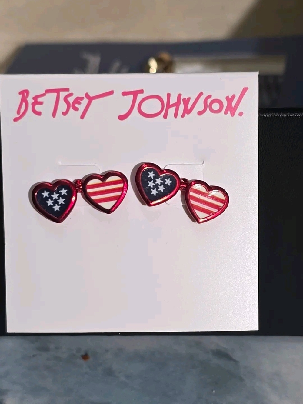 Betsey Johnson Red, White & Blue Heart Flag Stud Earrings - Patriotic Pair
